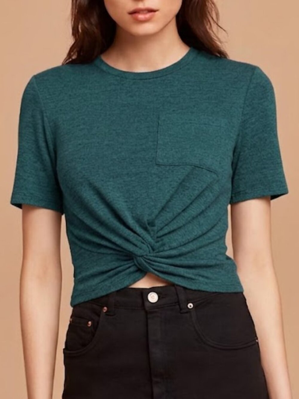 Aritzia Wilfred Free Subah Jersey T-Shirt Front-Knot Crop Top Teal Size Small
